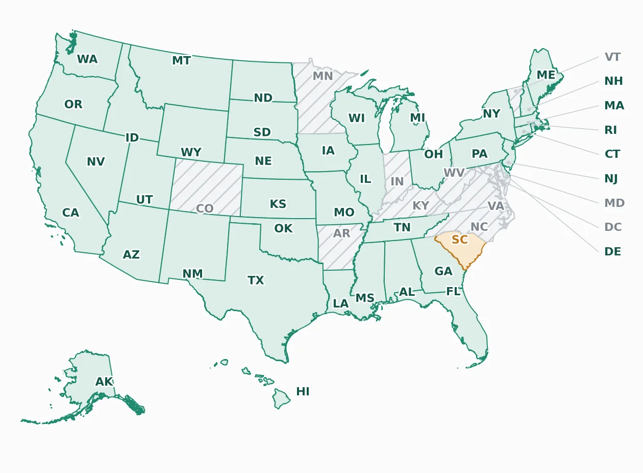 United States map showing ordinary funding availability in 39 states, a separate consumer-loan category in South Carolina, and 11 unavailable jurisdictions. The written lists below name the jurisdictions.