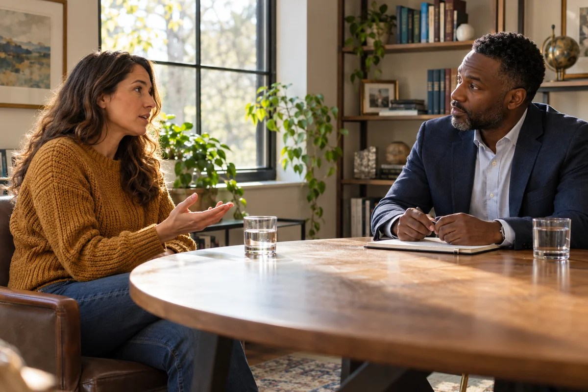 A client asking an attorney a question during a conversation.