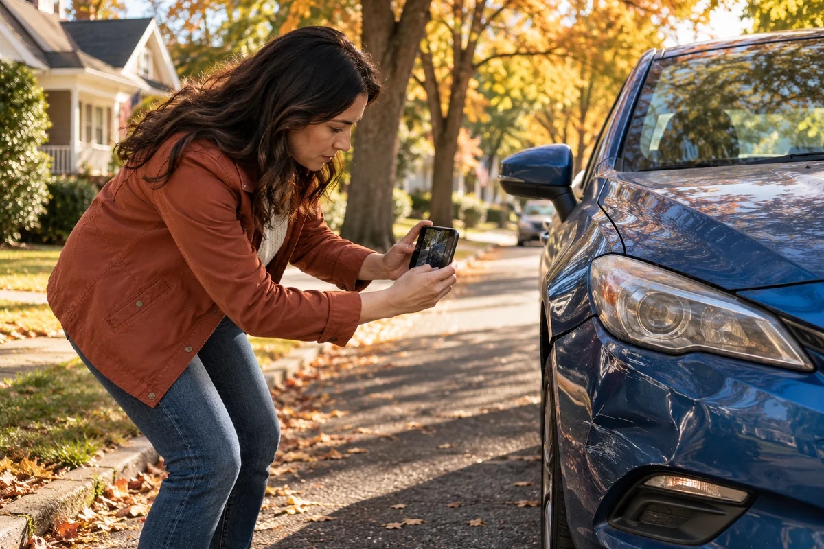 A woman photographing damage to a parked car.