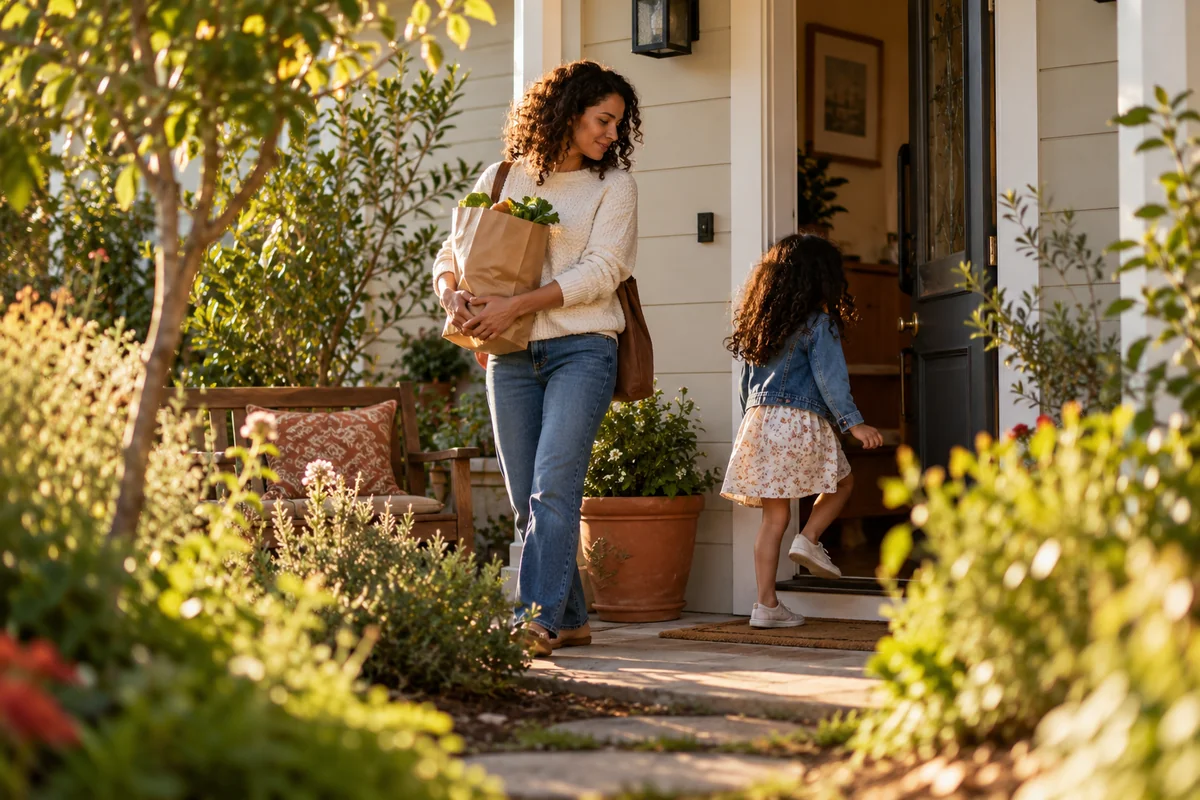 A mother and child arriving home with groceries.