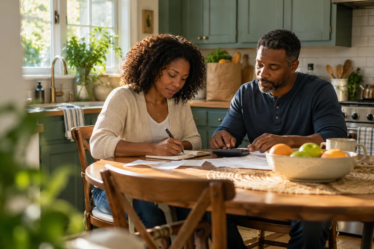 A couple reviewing household expenses at their kitchen table.