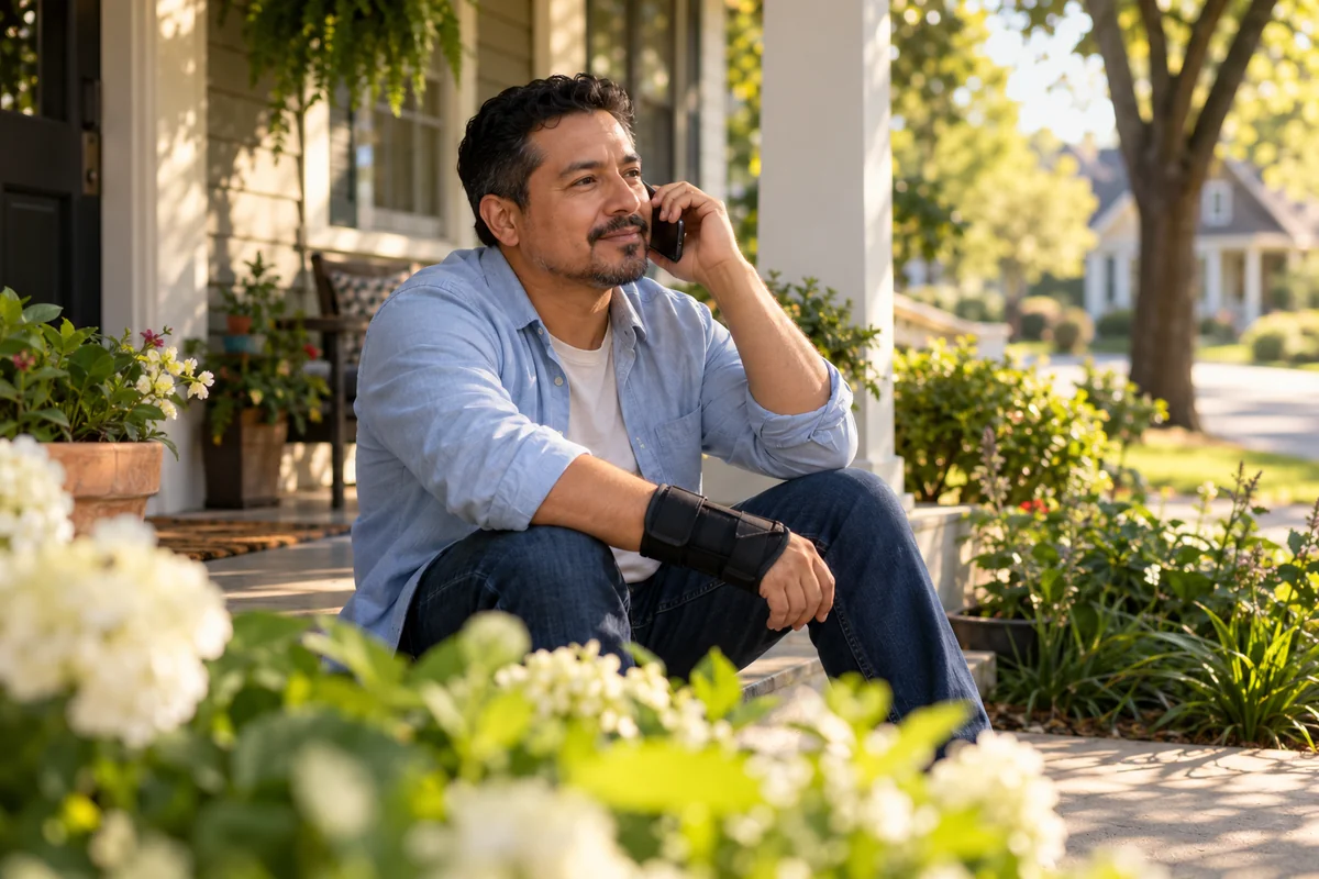 A man wearing a wrist brace talking on the phone on his porch.