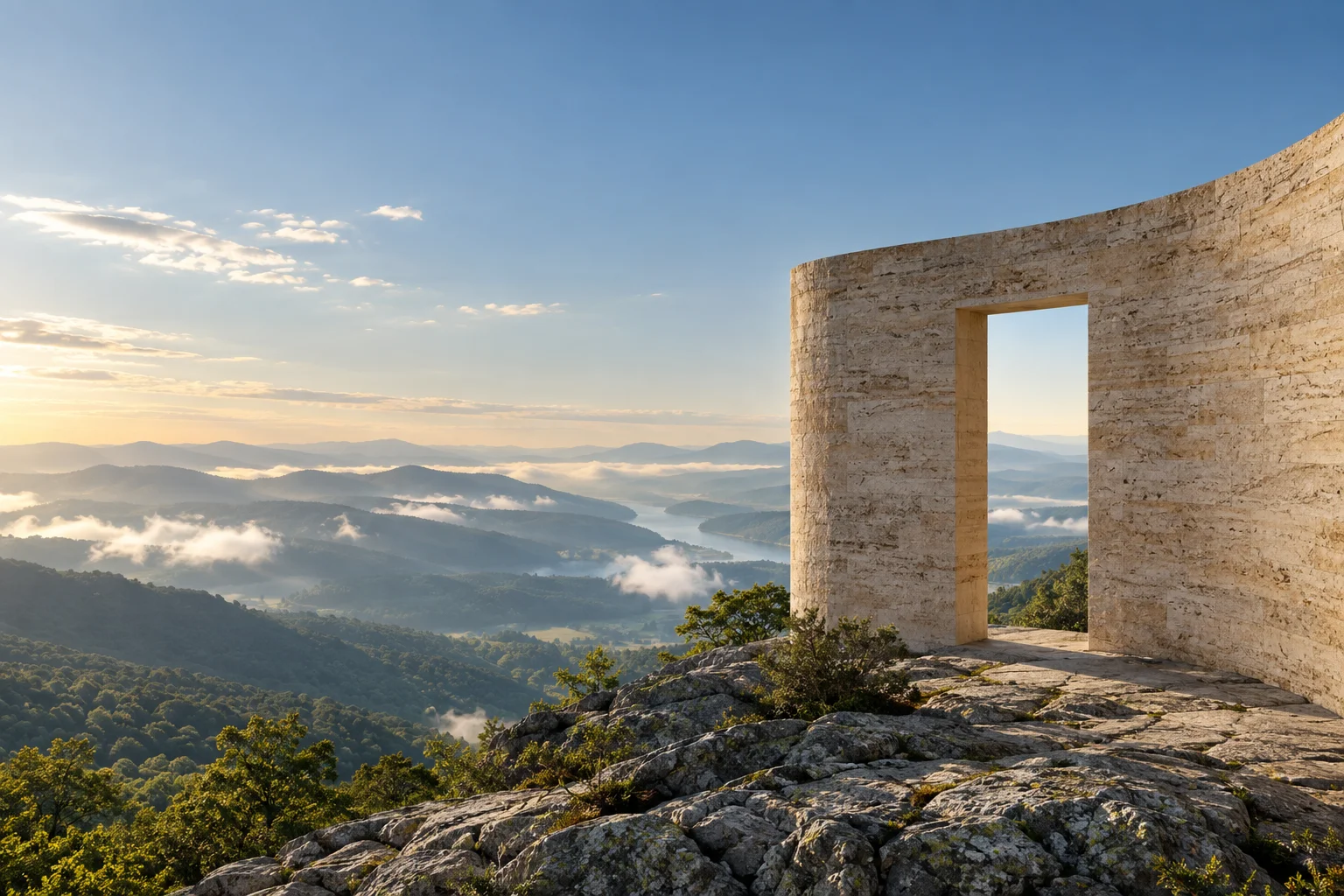 An open stone doorway looking out across a sunlit valley.