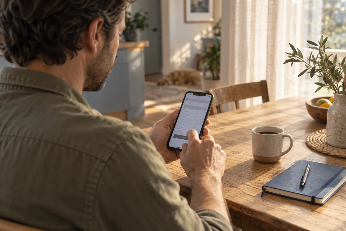A person using a phone to complete an application at home.