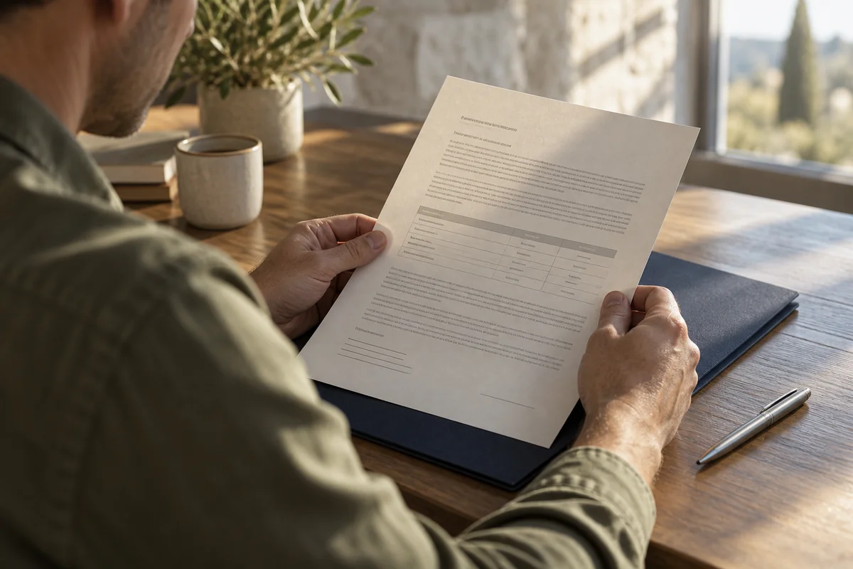 A person reading the terms of a written offer.