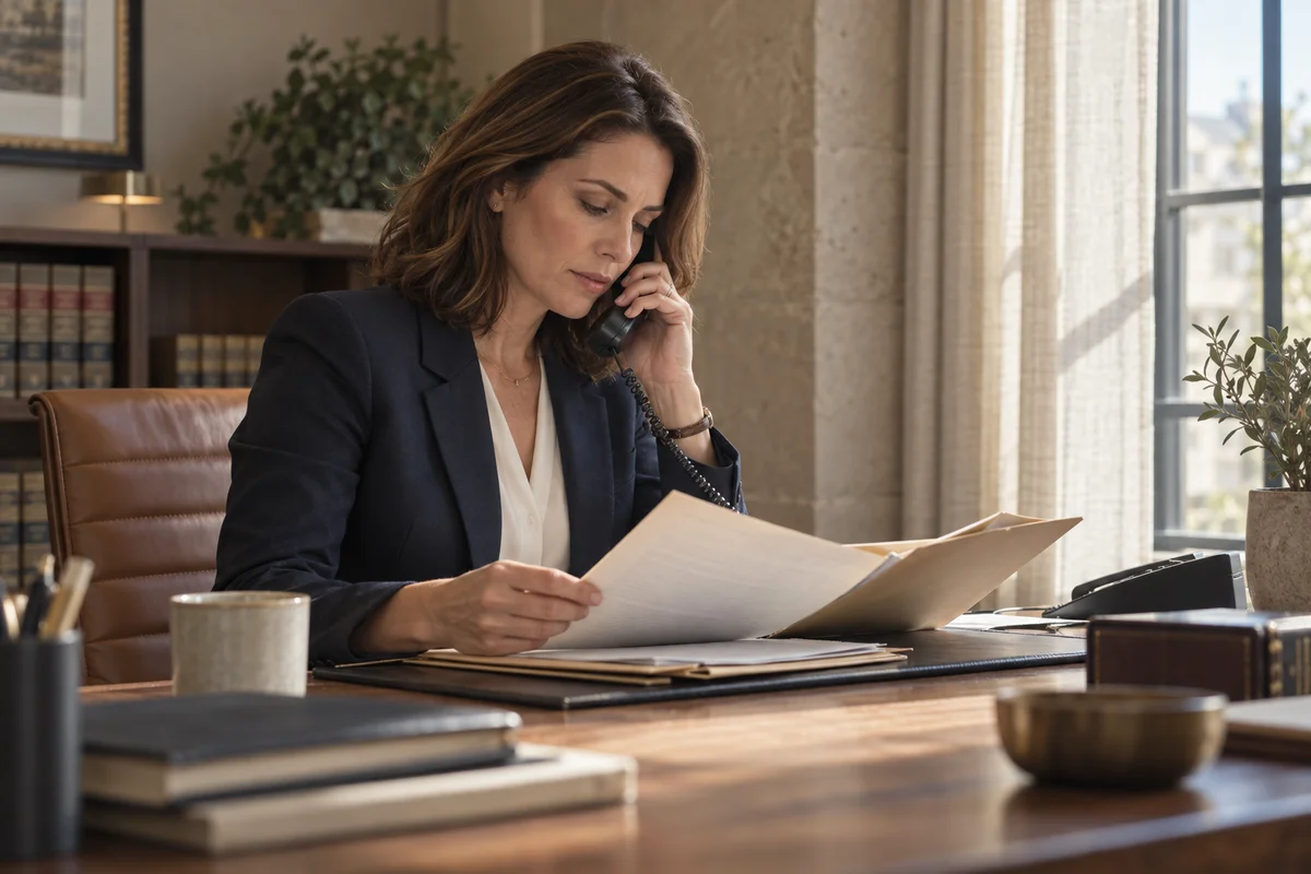 An attorney reviewing case information during a phone call.