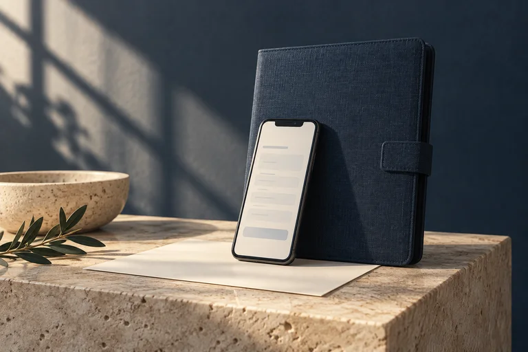 A phone displaying an application beside a navy case folder.