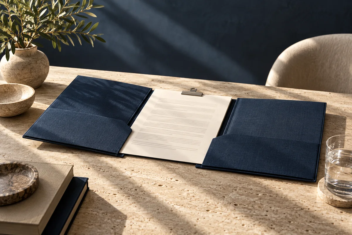 Two open case folders sharing one document on a stone table.