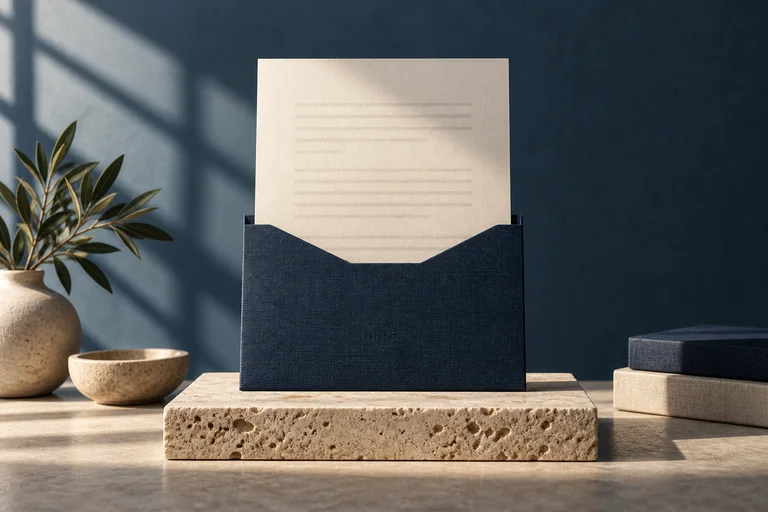 A cream offer document inside a navy linen sleeve.