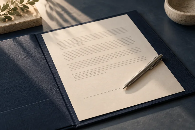 A contract and silver pen resting on an open case folder.